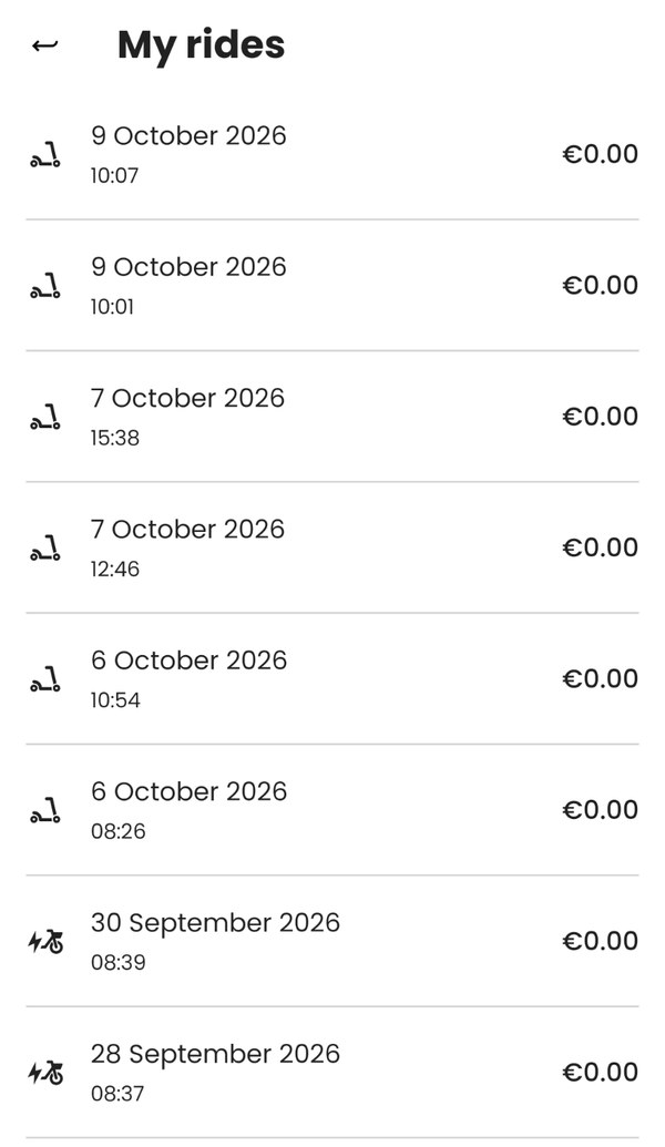 A ride history from late September to 9 October 2026: scooter and e-bike rides, every one at €0.00.