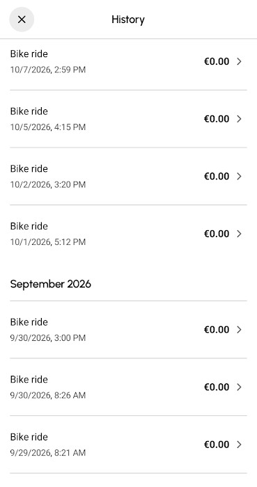 A second ride history of bike rides from late September to 7 October 2026, every one at €0.00.